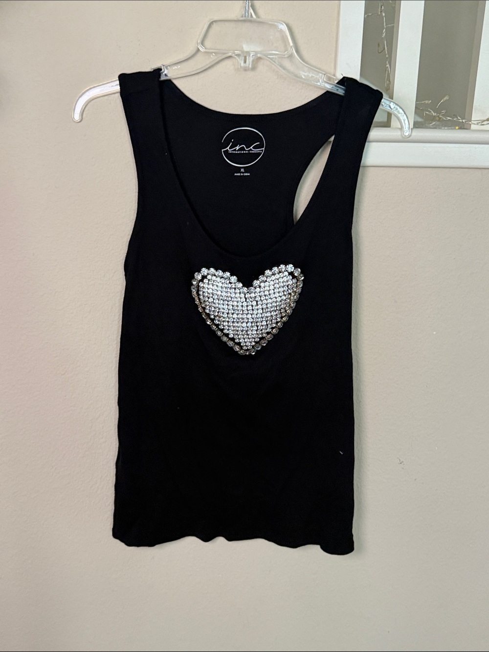 INC International Concepts Black Tank with Embellished Rhinestone Heart